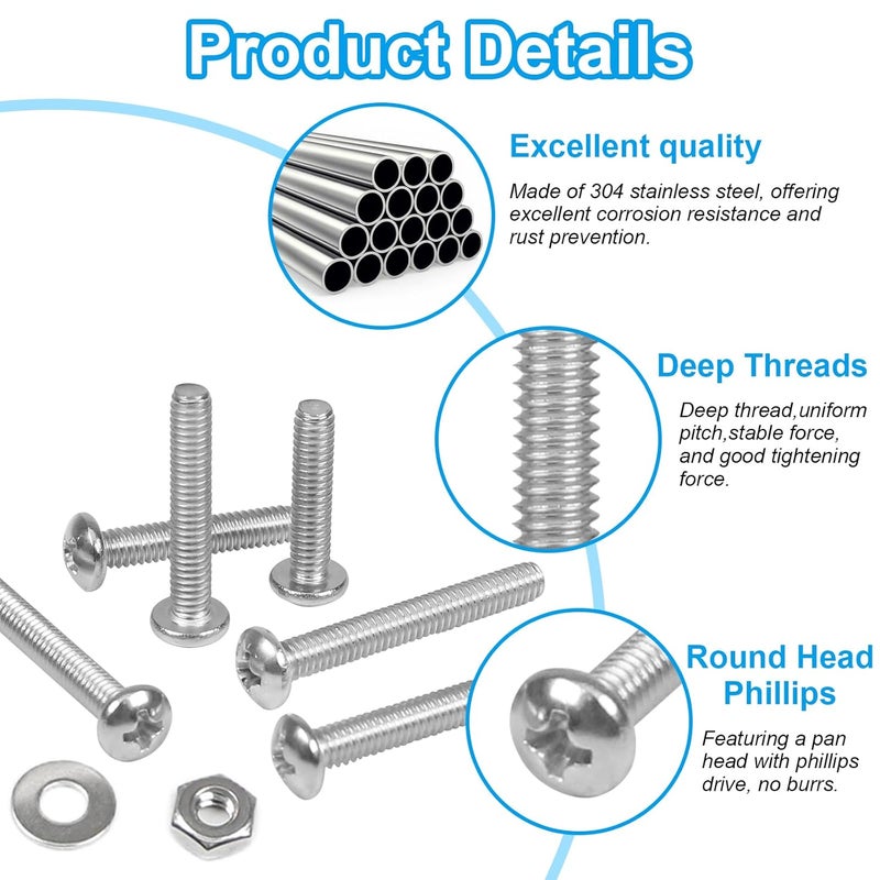 Yinpecly 200pcs #8-32 Phillips Pan Head Machine Screws Nuts Washers Assortment Kit,304 Stainless Steel, Coarse Thread, Fully Machine Thread(#8-32x 1/4", 5/16", 3/8", 1/2", 5/8", 3/4", 1", 1-1/4") - Image 3